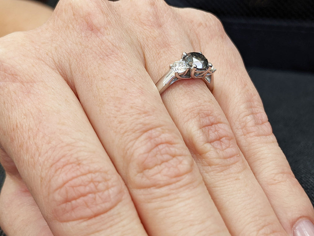 Salt And Pepper Diamond Engagement Ring, Unique Rustic Three Stone Grey Black diamond ring in 14k or 18k Solid Gold, Unique prong set ring