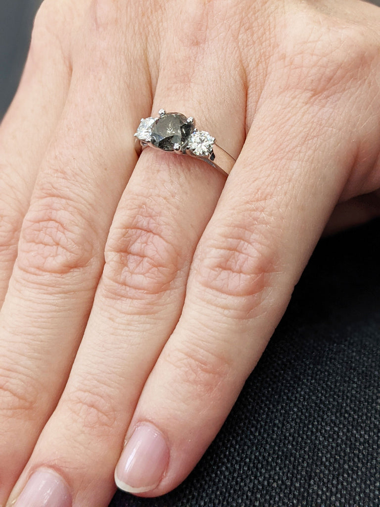 Salt And Pepper Diamond Engagement Ring, Unique Rustic Three Stone Grey Black diamond ring in 14k or 18k Solid Gold, Unique prong set ring
