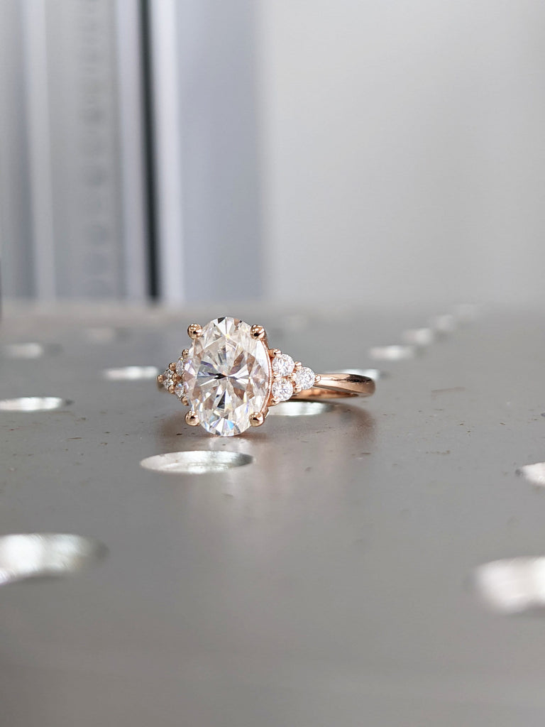 Vintage Oval Moissanite engagement ring unique Cluster Rose gold engagement ring, women Round diamond wedding Bridal art deco Anniversary.