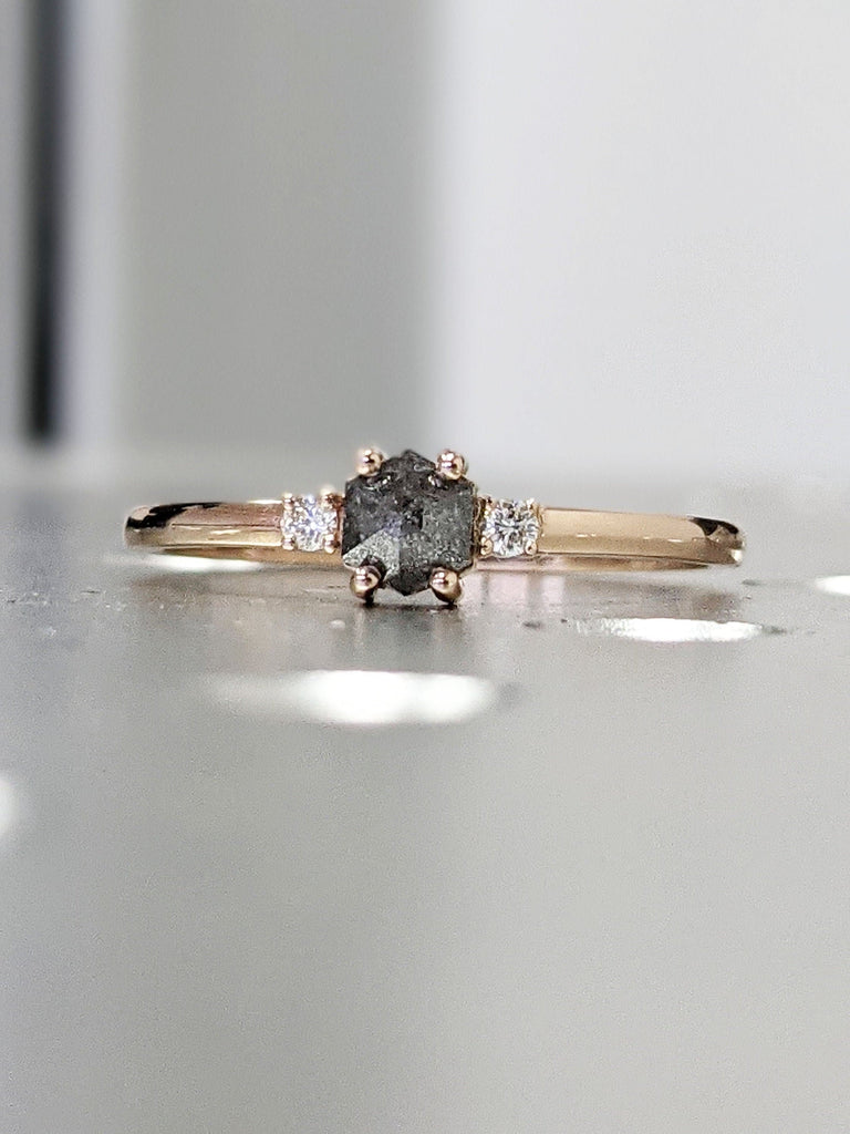 Raw Diamond, Salt and Pepper, Hexagon, Unique Engagement Ring, Rose Cut Geometric Diamond Ring, 14k Gold, Custom Handmade