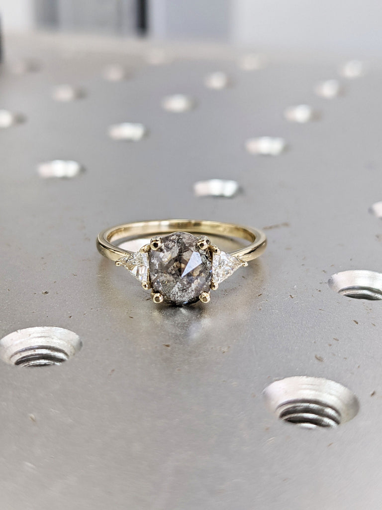 Raw Diamond Oval 3 Diamond Ring, Salt and Pepper, Unique Triangle Engagement Ring, Rose Cut Geometric Diamond Ring 14k Gold, Custom Handmade