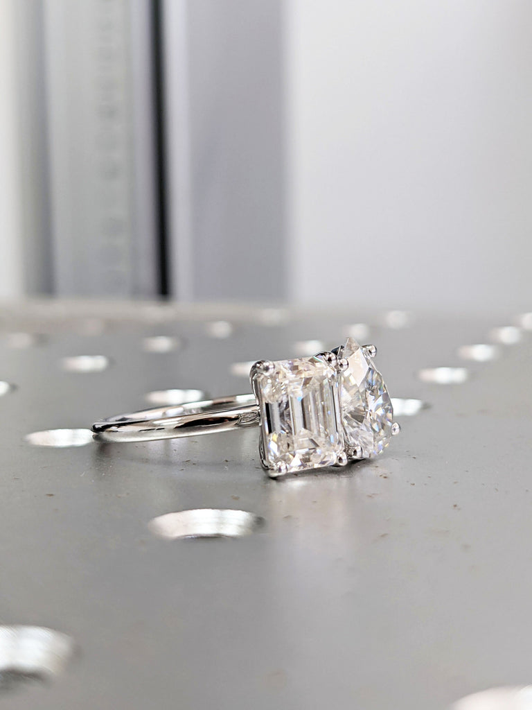 2.0 Carat Double Stone Engagement Ring Pear Cut and Emerald Cut Moissanite Two Stone Wedding Ring 14K White Yellow Rose Gold