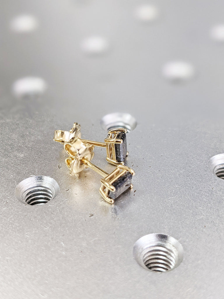 Custom Salt and Pepper Diamond Stud Earrings, 1 carat Diamond Studs 14 k Gold, Raw Diamond Earrings, Tiny Earrings Galaxy Baguette Diamond
