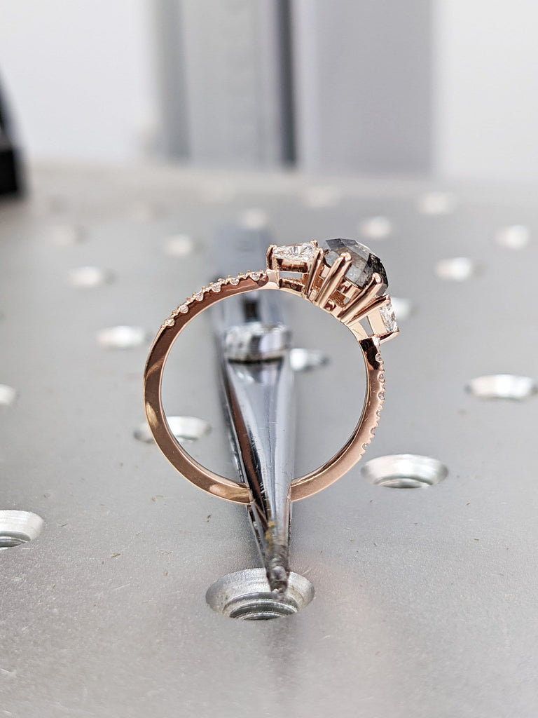 1ct Raw Diamond Hexagon Triangle Diamond, Salt and Pepper, Unique Bridal Engagement Set, Rose Cut Geometric Diamond Ring, Custom Handmade