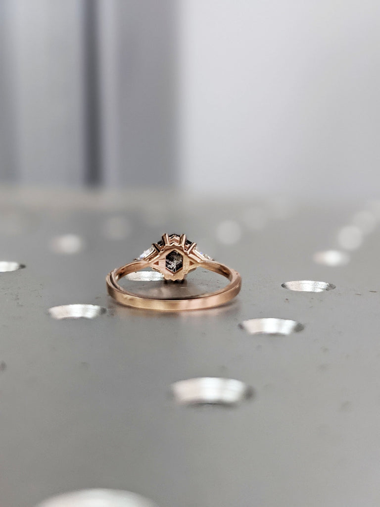 1ct Raw Diamond Hexagon Triangle Diamond, Salt and Pepper, Unique Bridal Engagement Set, Rose Cut Geometric Diamond Ring, Custom Handmade