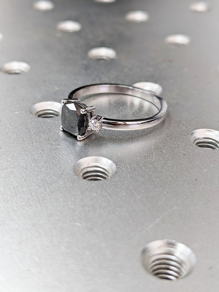 Salt and Pepper Diamond Ring, Gray Diamond Engagement ring, Cushion Diamond Engagement ring, 2 stone ring, 14K Solid Rose White Yellow Gold