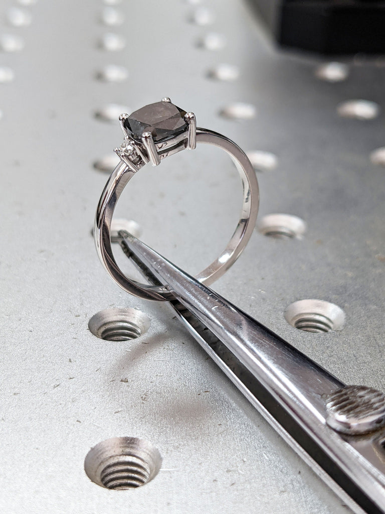 Salt and Pepper Diamond Ring, Gray Diamond Engagement ring, Cushion Diamond Engagement ring, 2 stone ring, 14K Solid Rose White Yellow Gold