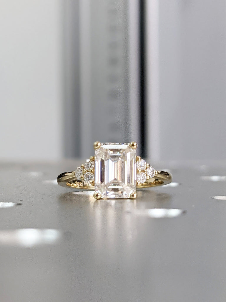 Emerald cut Moissanite engagement ring vintage yellow gold Round diamond ring Cluster ring unique ring engagement ring Anniversary ring