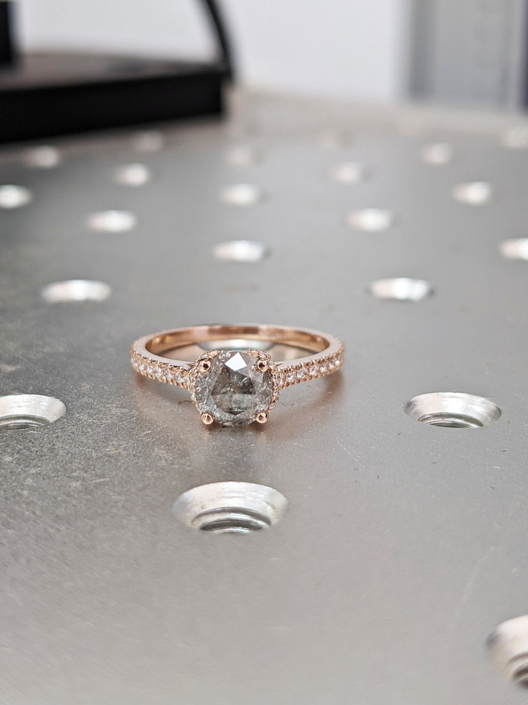 Salt and pepper engagement ring, Round cut vintage engagement ring, Prong set Pave, Grey diamond ring, Rose gold ring, Butterfly ring