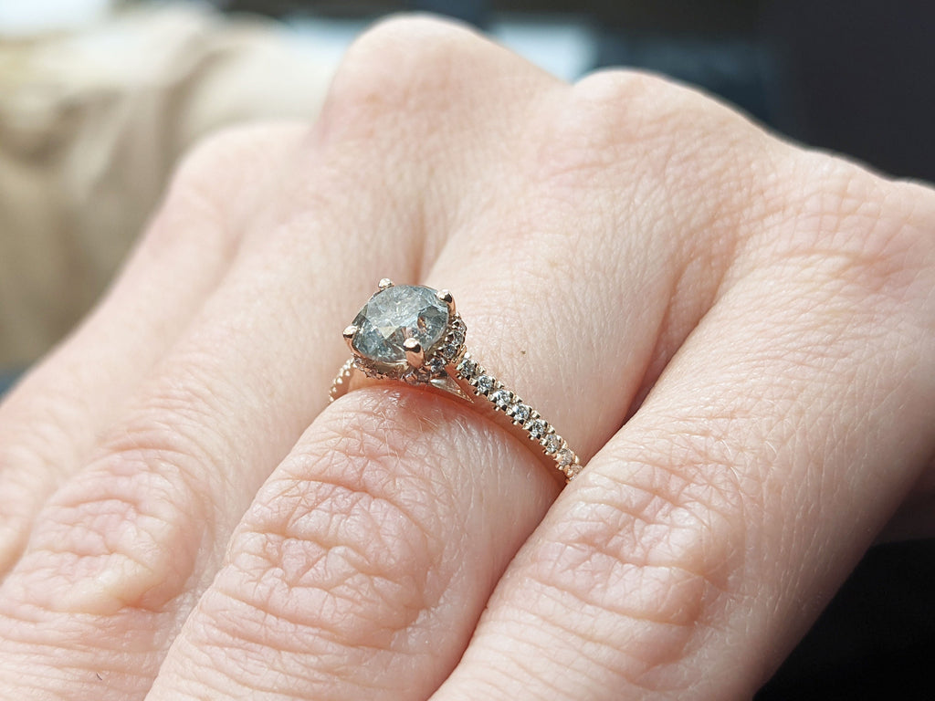 Salt and pepper engagement ring round cut vintage engagement ring prong set ring diamond ring rose gold anniversary ring