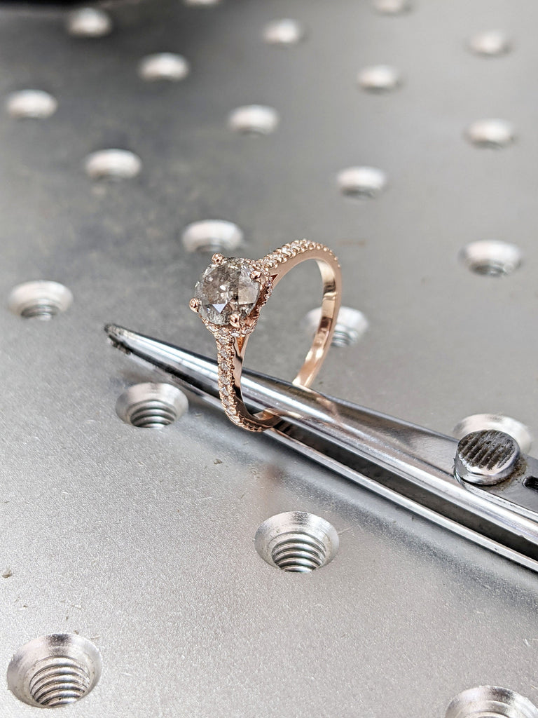 Salt and pepper engagement ring round cut vintage engagement ring prong set ring diamond ring rose gold anniversary ring