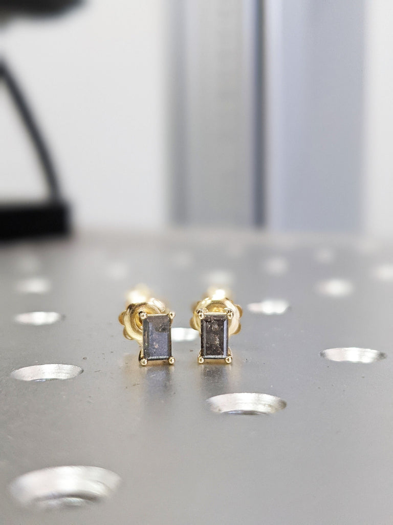 Custom Salt and Pepper Diamond Stud Earrings, 1 carat Diamond Studs 14 k Gold, Raw Diamond Earrings, Tiny Earrings Galaxy Baguette Diamond