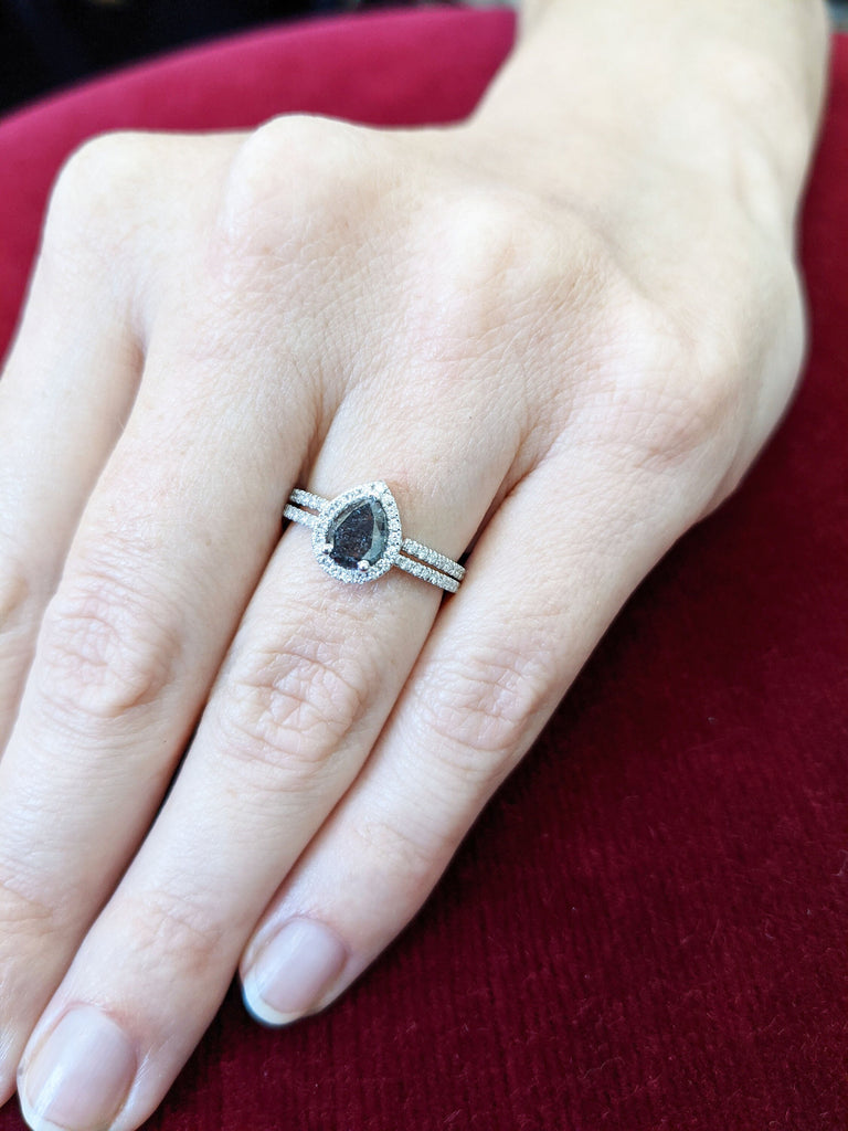 0.5ct Raw Salt and Pepper Diamond Halo, Pear Moissanite Halo Ring, Unique Engagement Bridal Set, Black Gray Pear 14k Yellow Rose White Gold