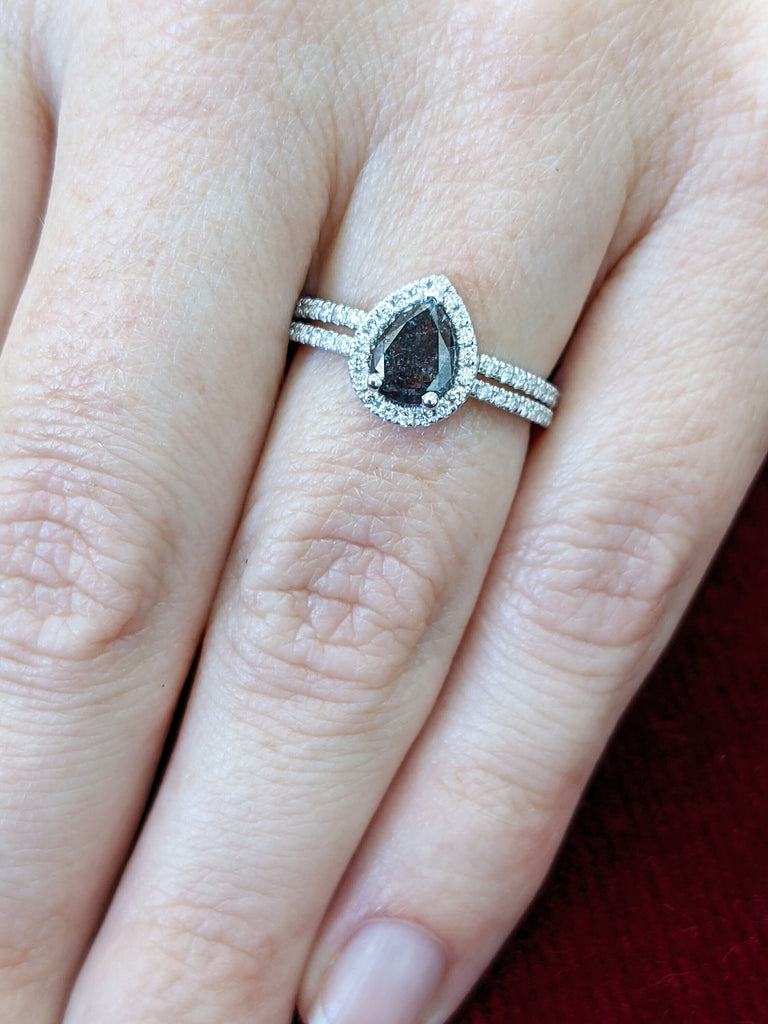 0.5ct Raw Salt and Pepper Diamond Halo, Pear Moissanite Halo Ring, Unique Engagement Bridal Set, Black Gray Pear 14k Yellow Rose White Gold