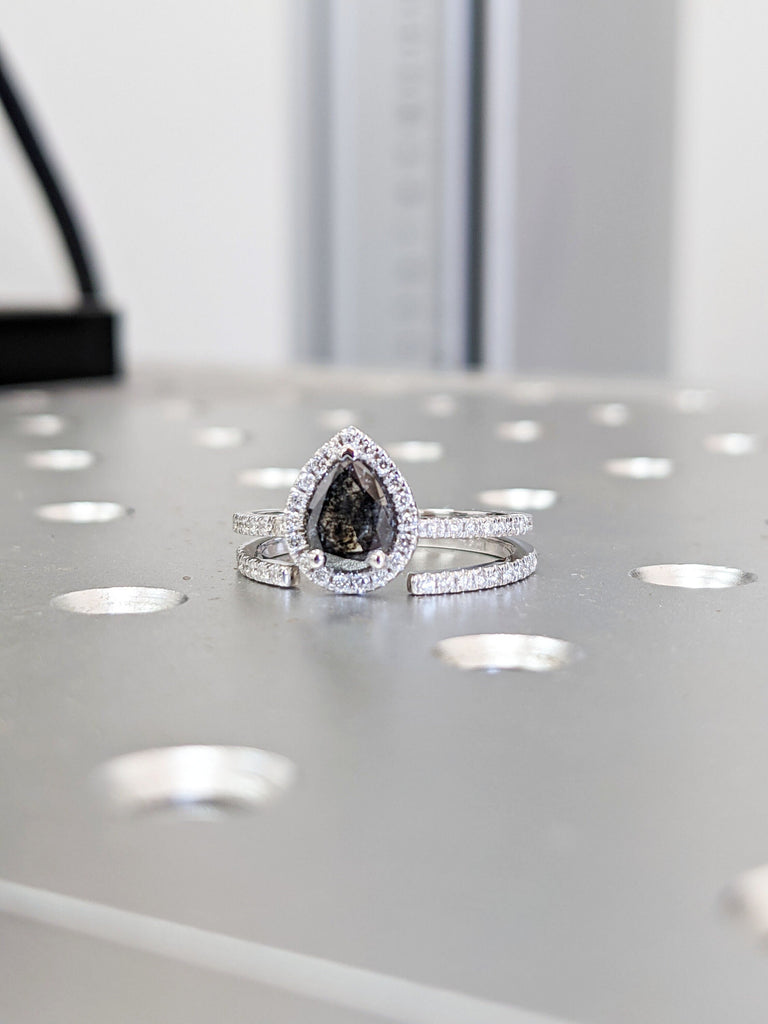 0.5ct Raw Salt and Pepper Diamond Halo, Pear Moissanite Halo Ring, Unique Engagement Bridal Set, Black Gray Pear 14k Yellow Rose White Gold