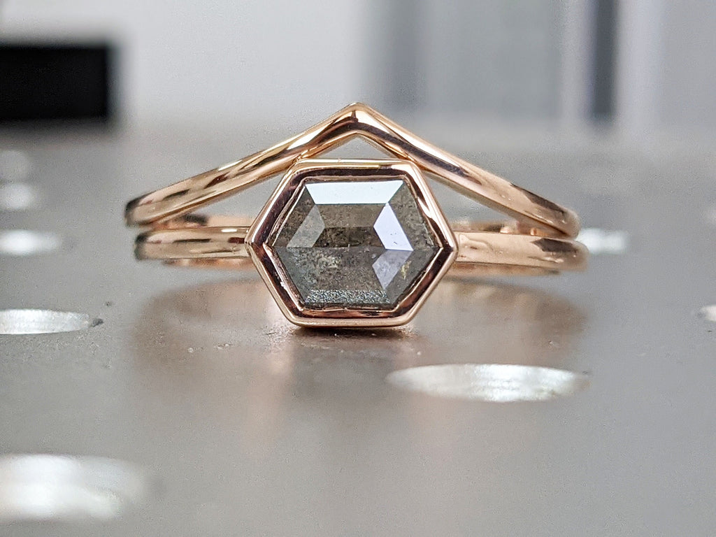 Bezel Raw Diamond, Salt and Pepper, Hexagon, Unique Engagement Ring, Rose Cut Geometric Diamond Ring, 18k Gold, East to West