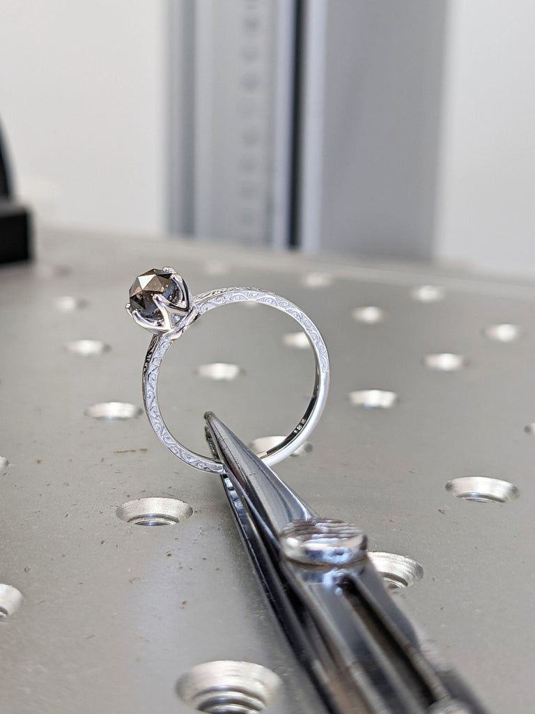 Rose Cut Gray Diamond Ring, 14k Rose Gold, Salt and Pepper Diamond Low Profile Ring - Custom Salt And Pepper Diamond Ring Galaxy Diamond