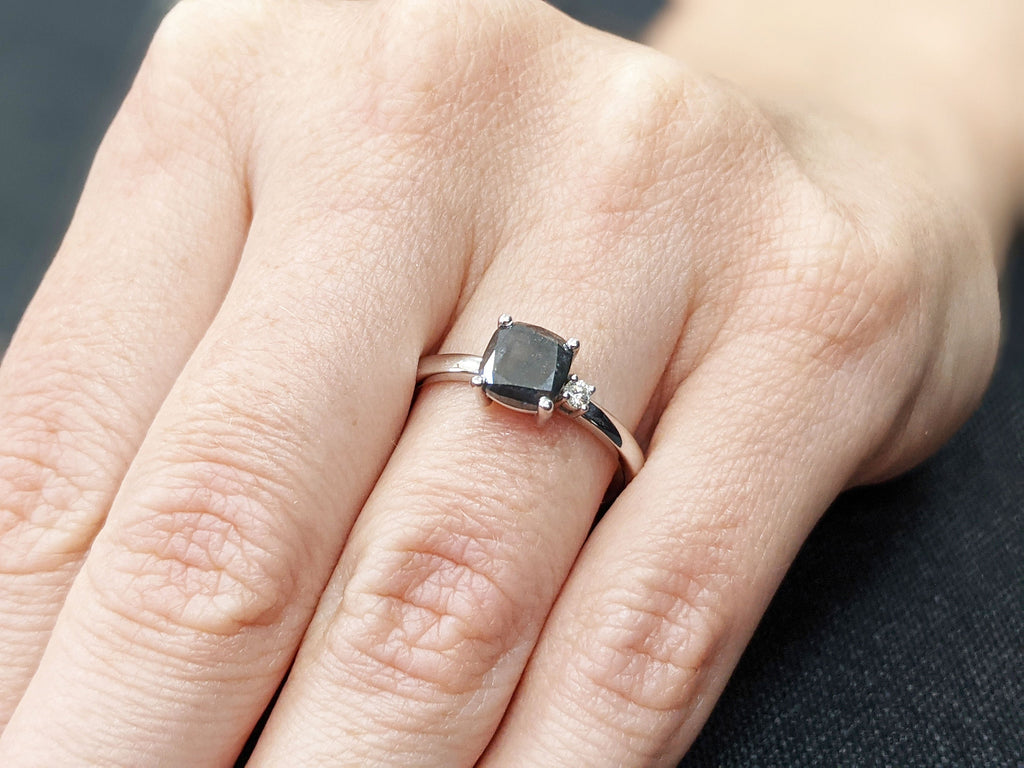 Salt and Pepper Diamond Ring, Gray Diamond Engagement ring, Cushion Diamond Engagement ring, 2 stone ring, 14K Solid Rose White Yellow Gold