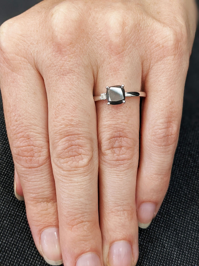 Salt and Pepper Diamond Ring, Gray Diamond Engagement ring, Cushion Diamond Engagement ring, 2 stone ring, 14K Solid Rose White Yellow Gold