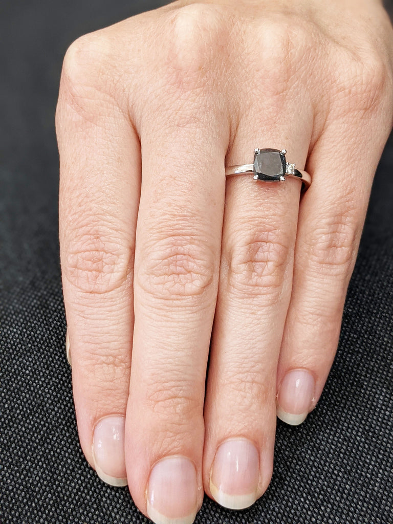 Salt and Pepper Diamond Ring, Gray Diamond Engagement ring, Cushion Diamond Engagement ring, 2 stone ring, 14K Solid Rose White Yellow Gold