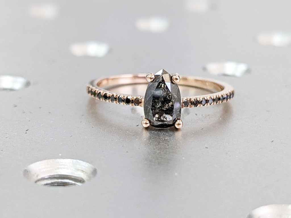 Vintage Pear shaped Salt and Pepper Diamond engagement ring art deco ring Rose gold Ring, black diamond, Bridal ring Half eternity ring