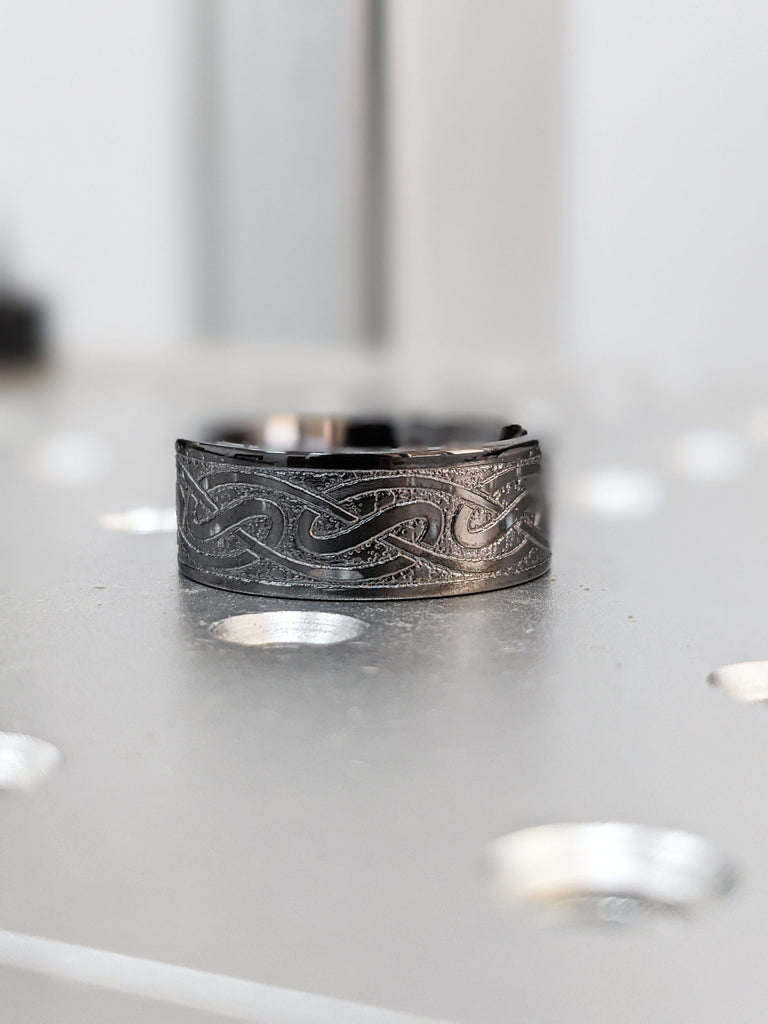 Celtic Ring Mens Wedding Band Irish Ring 8mm Celtic Wedding Band Black Zirconium - Unique Mens Viking Wedding Bands Women Celtic Knot Ring