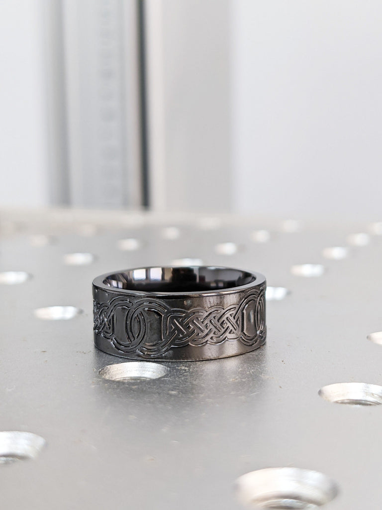 Celtic Ring Mens Wedding Band Irish Ring 8mm Celtic Wedding Band Black Zirconium Ring Unique Mens Viking Wedding Bands Women Celtic Knot