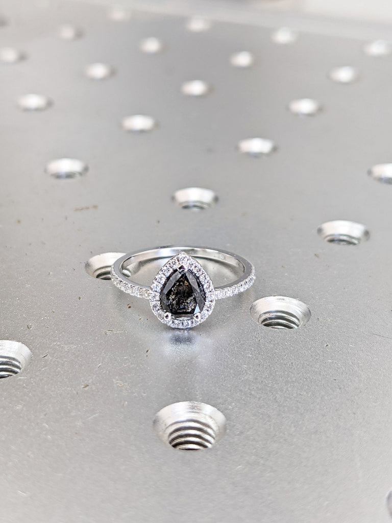 0.5ct Raw Salt and Pepper Diamond Halo, Pear Moissanite Halo Ring, Unique Engagement Bridal Set, Black Gray Pear 14k Yellow Rose White Gold