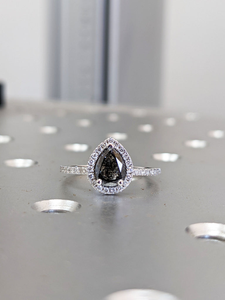 0.5ct Raw Salt and Pepper Diamond Halo, Pear Moissanite Halo Ring, Unique Engagement Bridal Set, Black Gray Pear 14k Yellow Rose White Gold