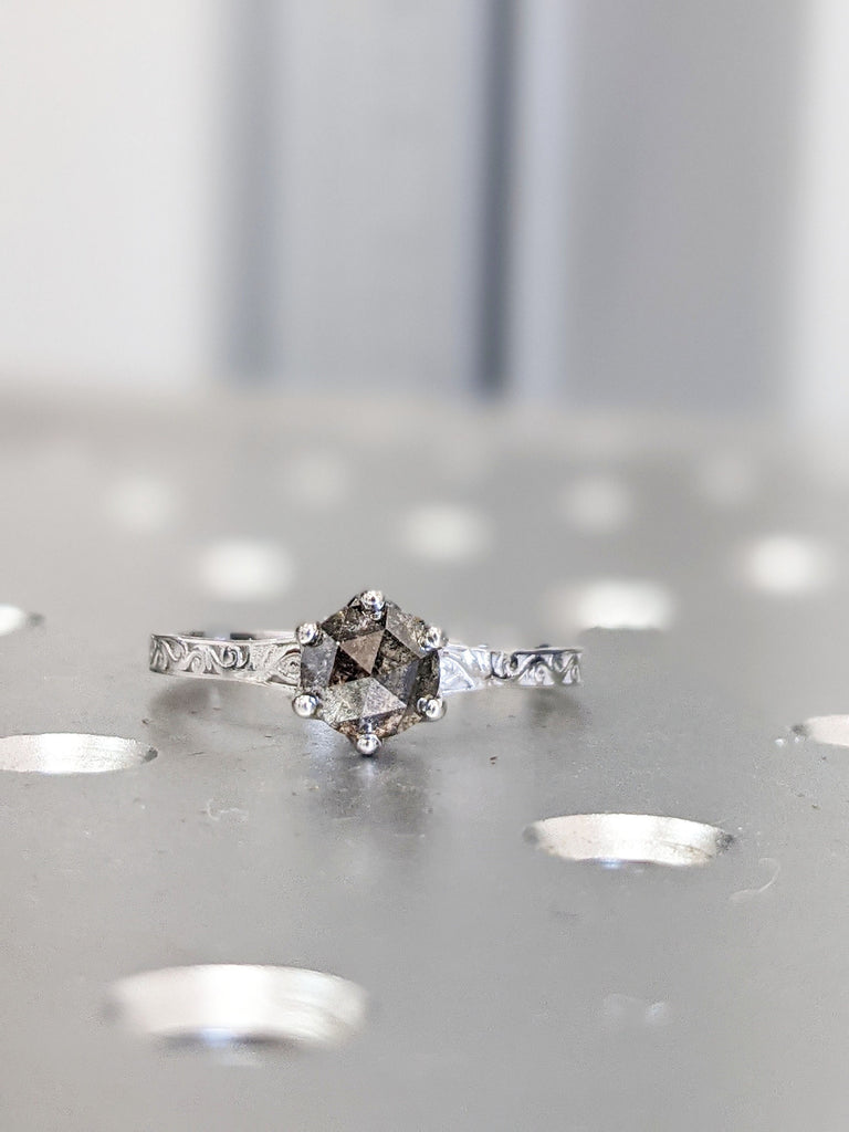 Rose Cut Gray Diamond Ring, 14k Rose Gold, Salt and Pepper Diamond Low Profile Ring - Custom Salt And Pepper Diamond Ring Galaxy Diamond