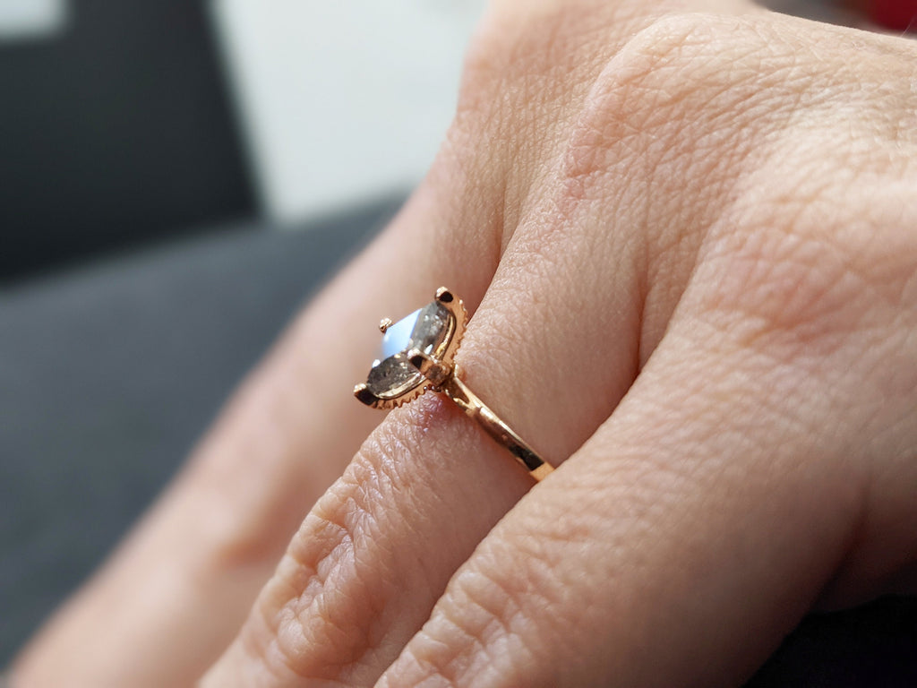 Salt and Pepper Diamond Ring, Kite Diamond Ring, hidden halo, Engagement Ring, 14k Kite Gold Ring, Kite Art Deco Ring, Natural Diamond Ring