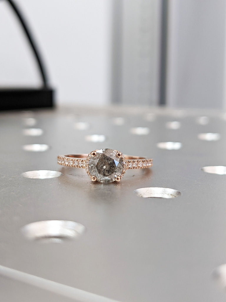 Salt and pepper engagement ring, Round cut vintage engagement ring, Prong set Pave, Grey diamond ring, Rose gold ring, Butterfly ring