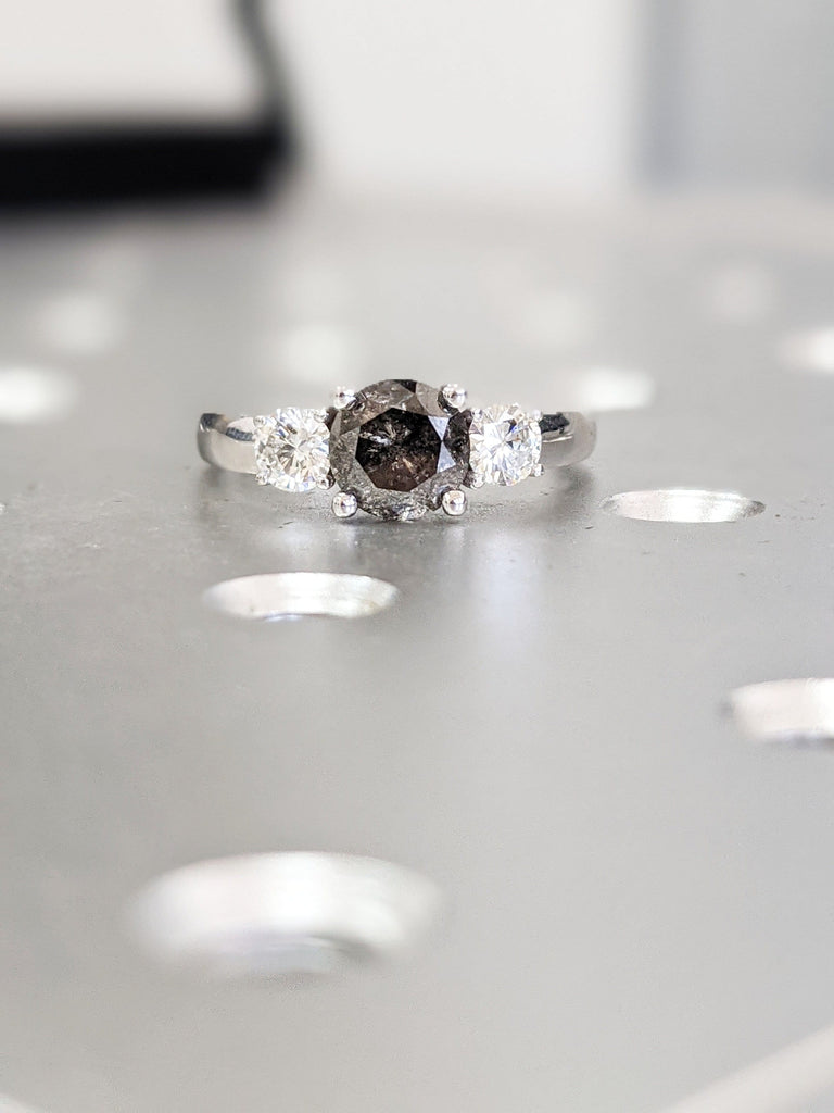 Salt And Pepper Diamond Engagement Ring, Unique Rustic Three Stone Grey Black diamond ring in 14k or 18k Solid Gold, Unique prong set ring