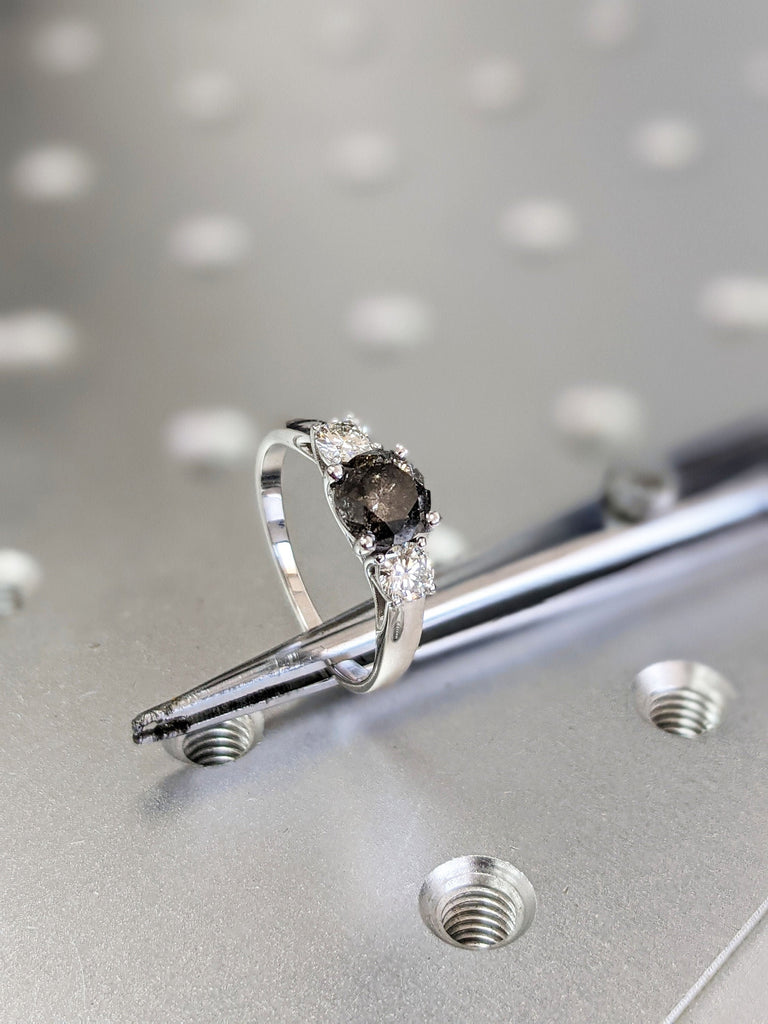 Salt And Pepper Diamond Engagement Ring, Unique Rustic Three Stone Grey Black diamond ring in 14k or 18k Solid Gold, Unique prong set ring