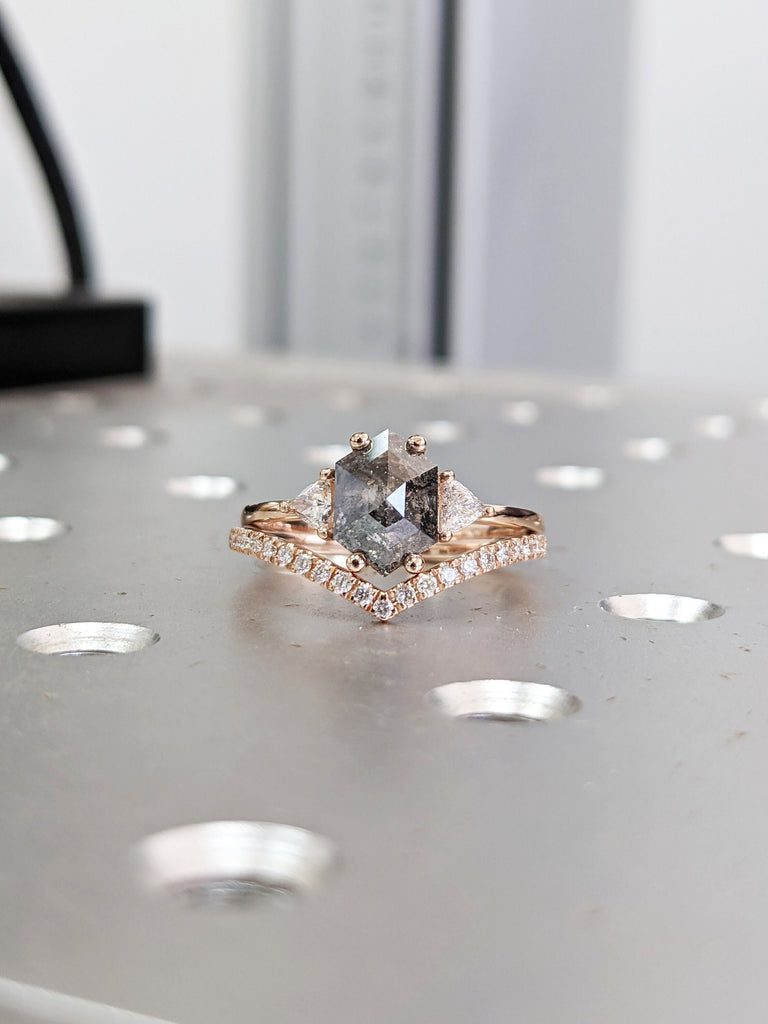 Raw Diamond Hexagon Triangle Diamond, Salt and Pepper, Plain Unique Bridal Engagement Set, Rose Cut Geometric Diamond Ring, Custom Handmade