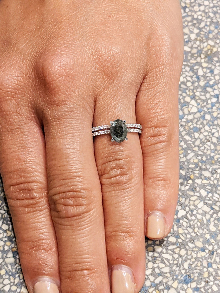 1920's Raw Salt and Pepper Diamond, Oval Diamond Ring, Unique Engagement Bridal Set, Black, Gray Oval, 14k Yellow, Rose, or White Gold