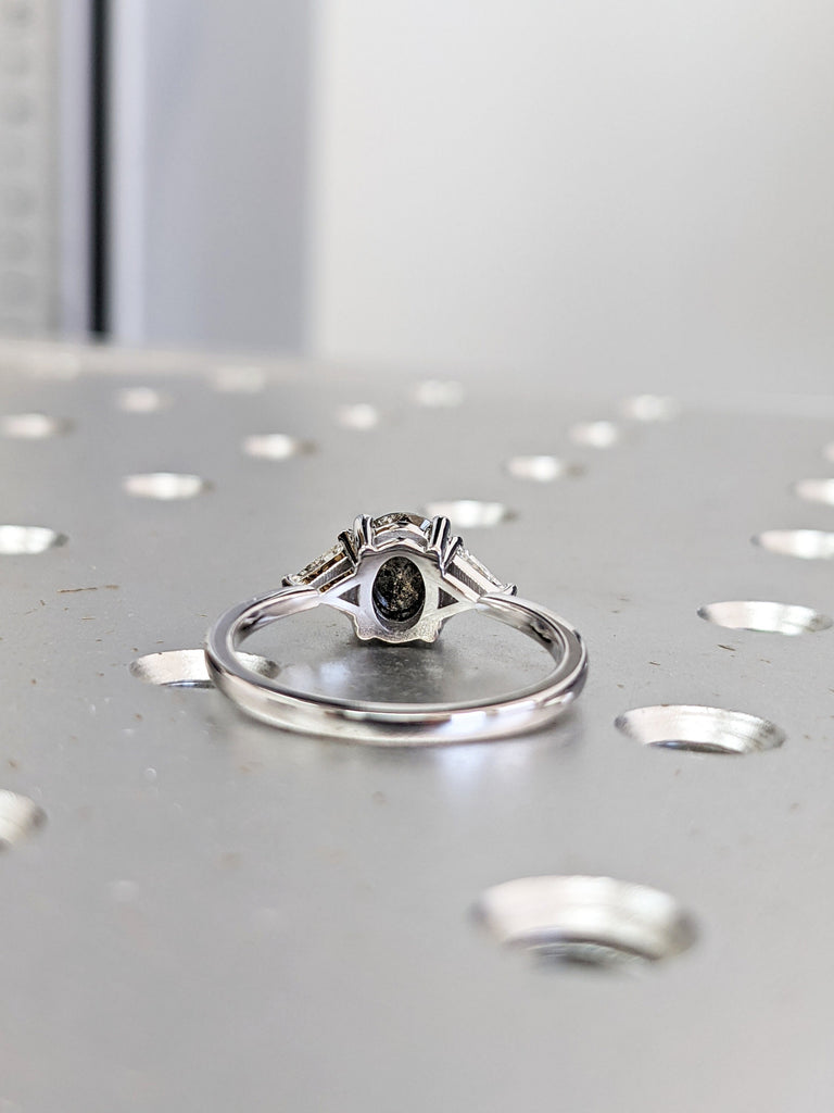 Raw Diamond Oval 3 Diamond Ring, Salt and Pepper, Unique Triangle Engagement Ring, Rose Cut Geometric Diamond Ring 14k Gold, Custom Handmade