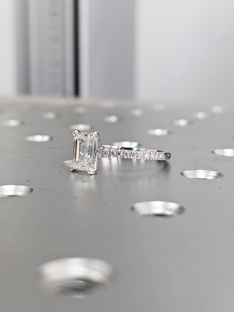 Handmade Custom Ring/ 6.0x8.0mm Emerald Cut Moissanite Engagement Ring/ Diamond Wedding Promise Ring/ 14K Solid Gold Ring/ Stacking Rings