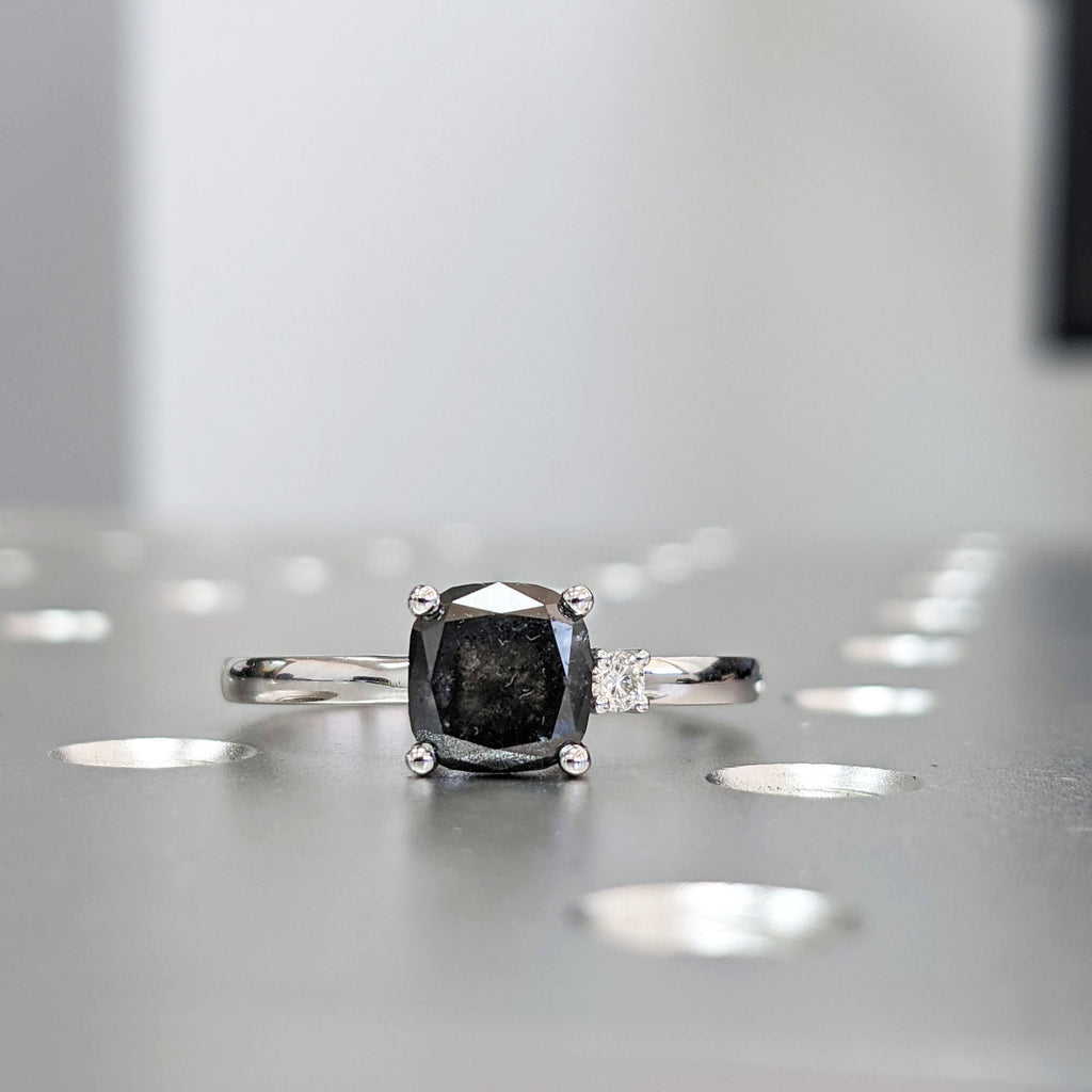 Salt and Pepper Diamond Ring, Gray Diamond Engagement ring, Cushion Diamond Engagement ring, 2 stone ring, 14K Solid Rose White Yellow Gold