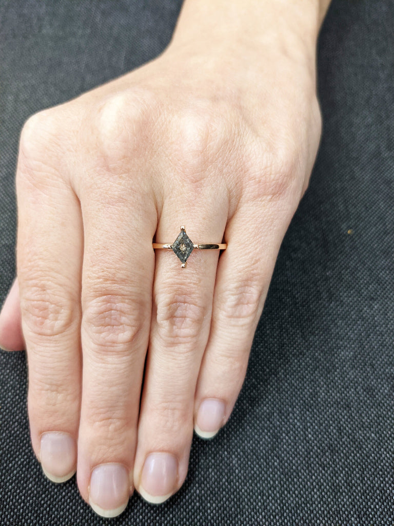 Salt and Pepper Diamond Ring, Kite Diamond Ring, hidden halo, Engagement Ring, 14k Kite Gold Ring, Kite Art Deco Ring, Natural Diamond Ring