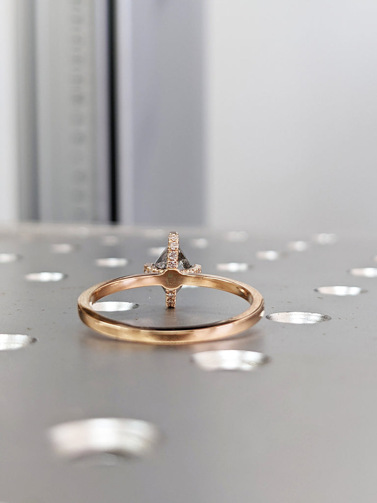 Salt and Pepper Diamond Ring, Kite Diamond Ring, hidden halo, Engagement Ring, 14k Kite Gold Ring, Kite Art Deco Ring, Natural Diamond Ring