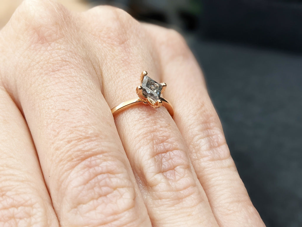 Salt and Pepper Diamond Ring, Kite Diamond Ring, hidden halo, Engagement Ring, 14k Kite Gold Ring, Kite Art Deco Ring, Natural Diamond Ring