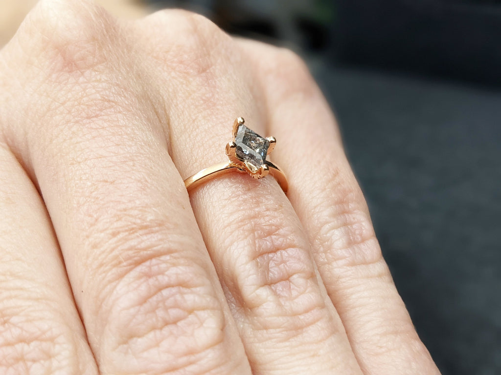 1920's Salt and Pepper Diamond Ring, Kite Diamond Ring, hidden halo, Engagement Ring, 14k Kite Gold Ring, Kite Art Deco Ring