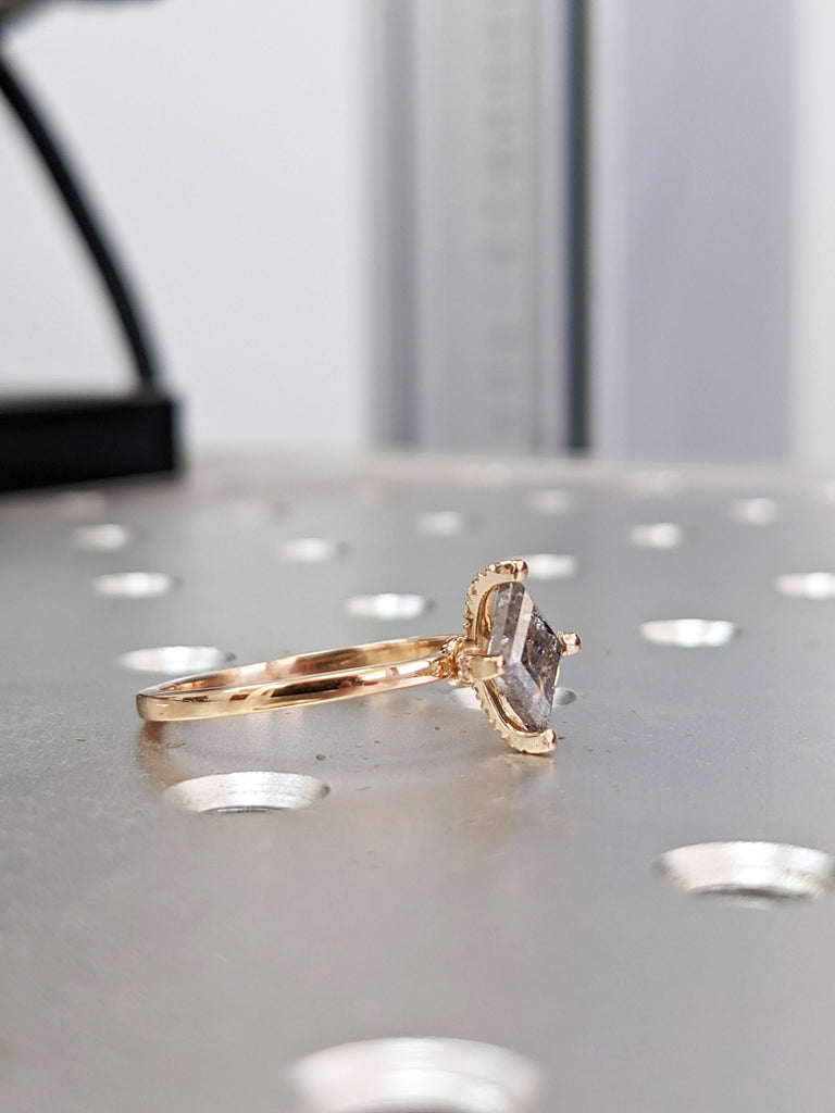 1920's Raw Salt and Pepper Diamond, Kite Diamond Ring, Unique Engagement Ring, Hidden Diamonds, Delicate Salt And Pepper Diamond Ring