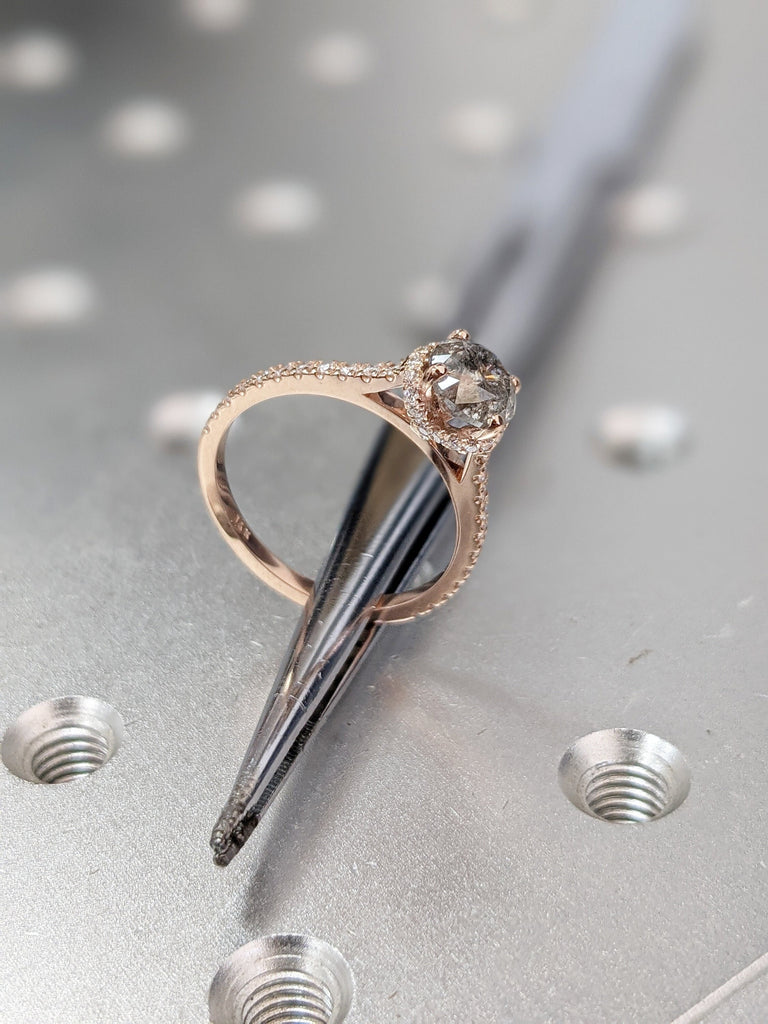 Salt and pepper engagement ring round cut vintage engagement ring prong set ring diamond ring rose gold anniversary ring