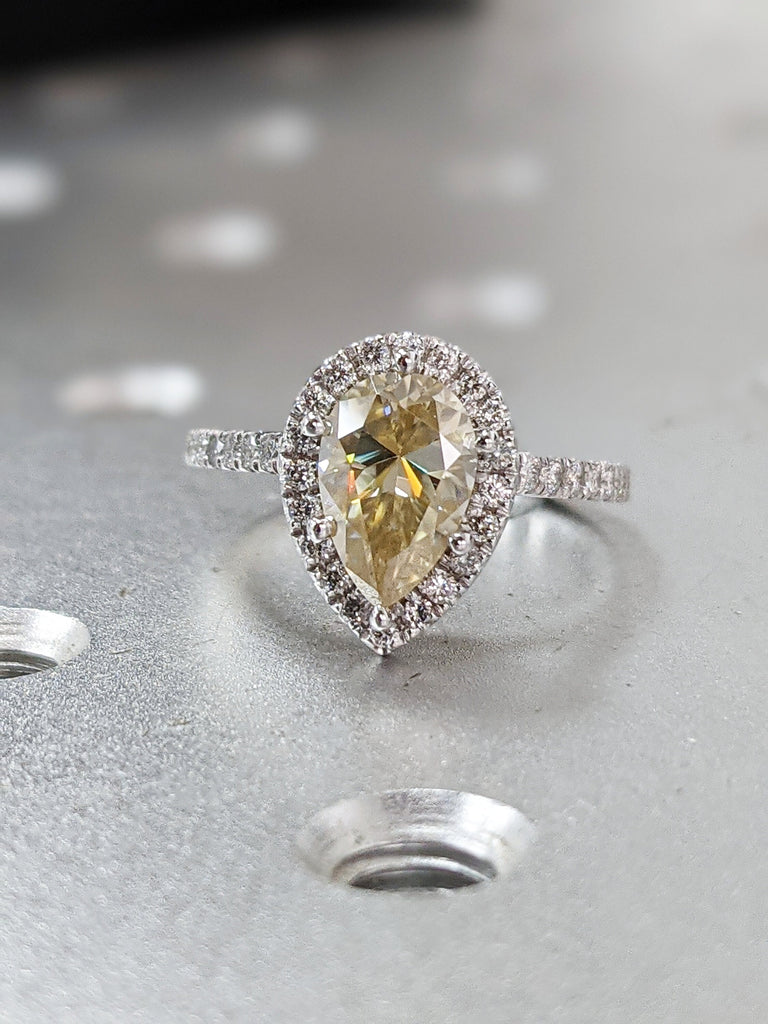Canary Yellow Engagement Ring, 14K Solid Gold Halo Ring, pear halo, Moissanite Engagement Ring, Anniversary Ring, White Gold Ring