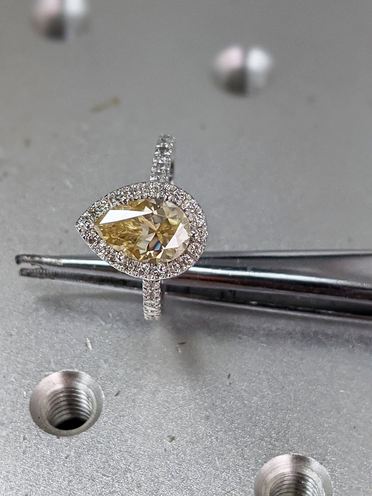 Canary Yellow Engagement Ring, 14K Solid Gold Halo Ring, pear halo, Moissanite Engagement Ring, Anniversary Ring, White Gold Ring
