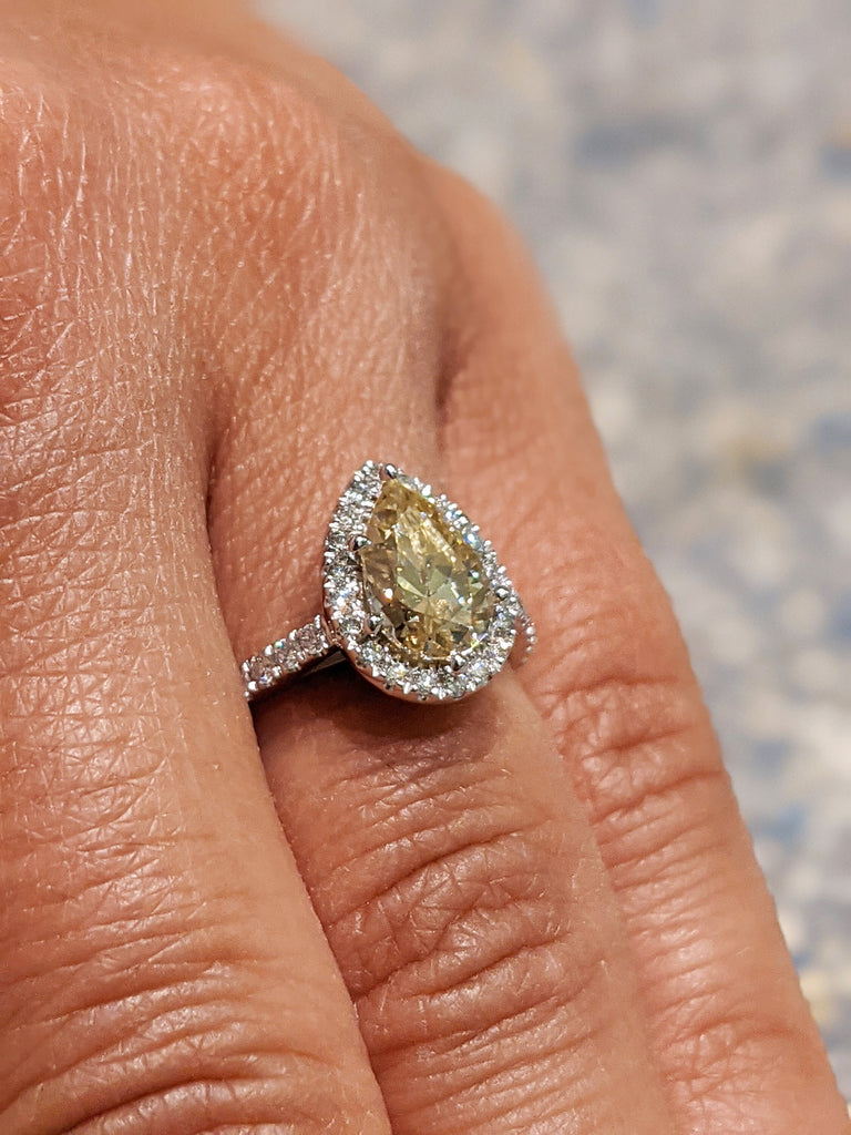 Canary Yellow Engagement Ring, 14K Solid Gold Halo Ring, pear halo, Moissanite Engagement Ring, Anniversary Ring, White Gold Ring