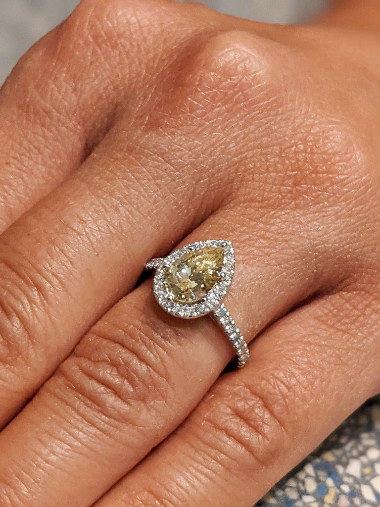 Canary Yellow Engagement Ring, 14K Solid Gold Halo Ring, pear halo, Moissanite Engagement Ring, Anniversary Ring, White Gold Ring