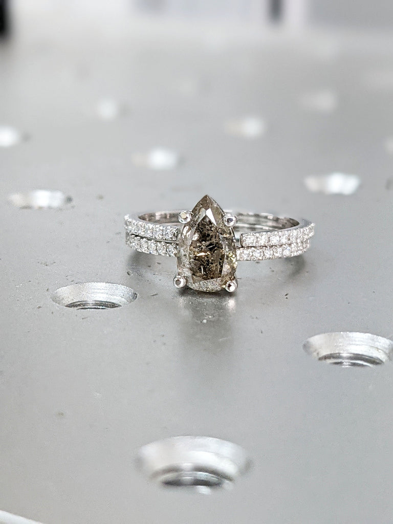 1920's Raw Salt and Pepper Diamond, Pear Diamond Ring, Unique Engagement Bridal Set, Black, Gray Pear, 14k Yellow, Rose, or White Gold